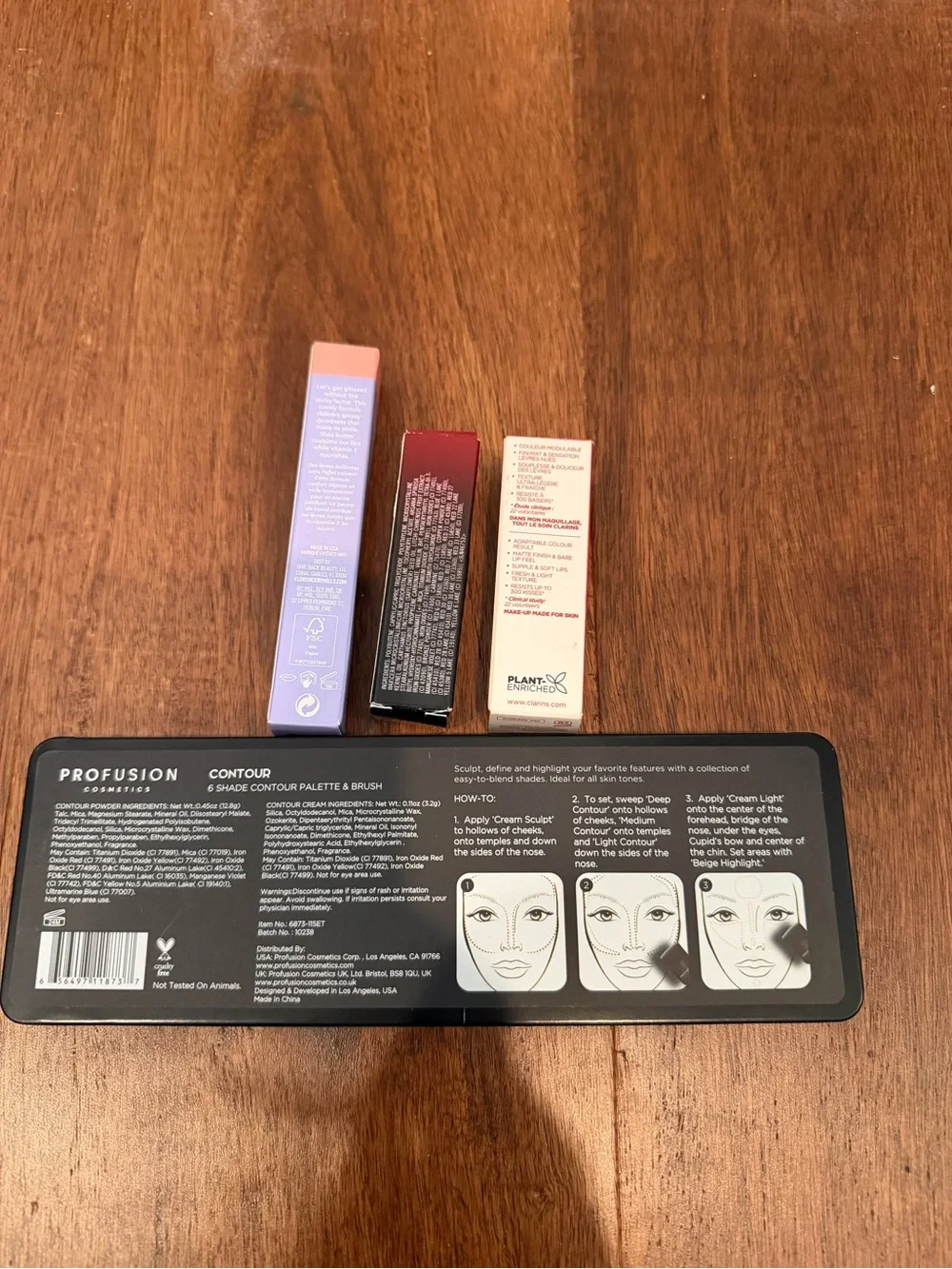 Profusion contour set, Florence lip gloss, MAC lipstick, clarins lip stains